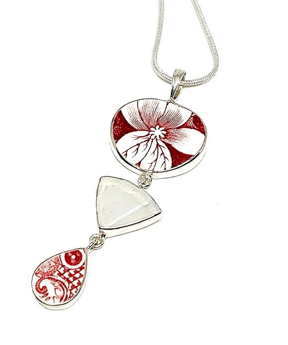 Red & White Floral Vintage Pottery with Textured Clear Sea Glass Triple Pendant