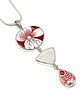 Red & White Floral Vintage Pottery with Textured Clear Sea Glass Triple Pendant