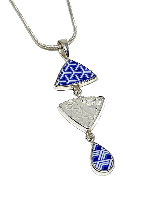 Blue & White Geometric Vintage Pottery with Textured Clear Sea Glass Triple Pendant