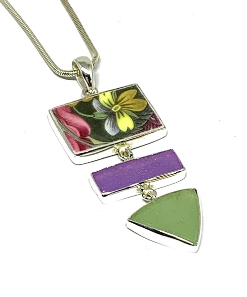 Floral Vintage Pottery with Purple & Aqua Sea Glass Triple Pendant