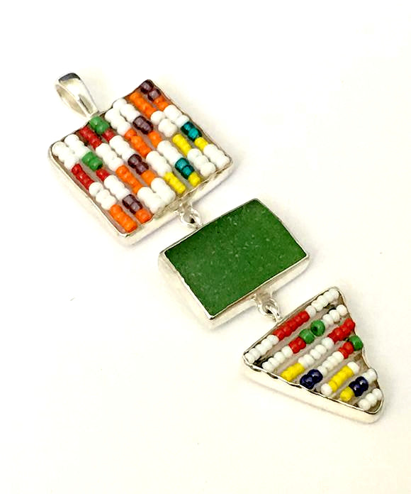 Rainbow and White Beaded Fused Glass Triple Drop Pendant with Green Sea Glass
