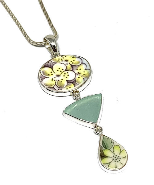 Yellow Floral Vintage Pottery with Aqua Sea Glass Triple Pendant