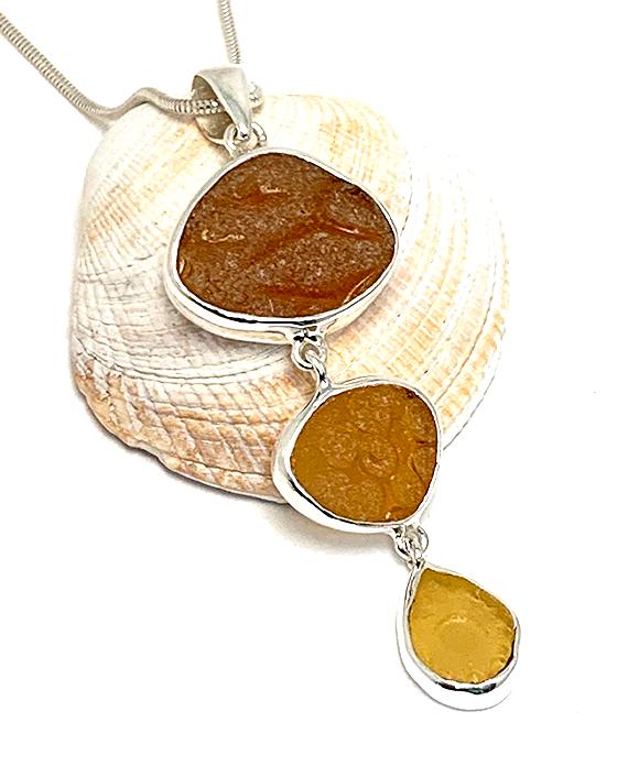 Textured Amber & Yellow Sea Glass Triple Drop Pendant on Sterling Chain