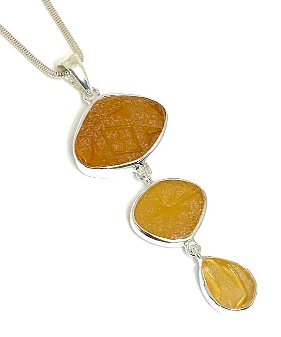 Shades Textured Amber Sea Glass Triple Drop Pendant on Sterling Chain