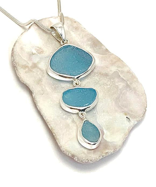 Shades of Aqua Sea Glass Triple Drop Pendant on Sterling Chain