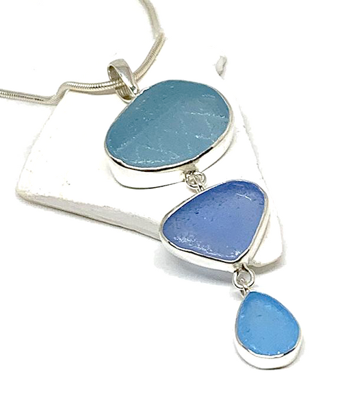 Textured Aqua & Periwinkle Blue Triple Drop Sea Glass Pendant on Sterling Chain