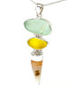 Textured Aqua & Yellow Sea Glass with Agate Claw Stacked Triple Pendant