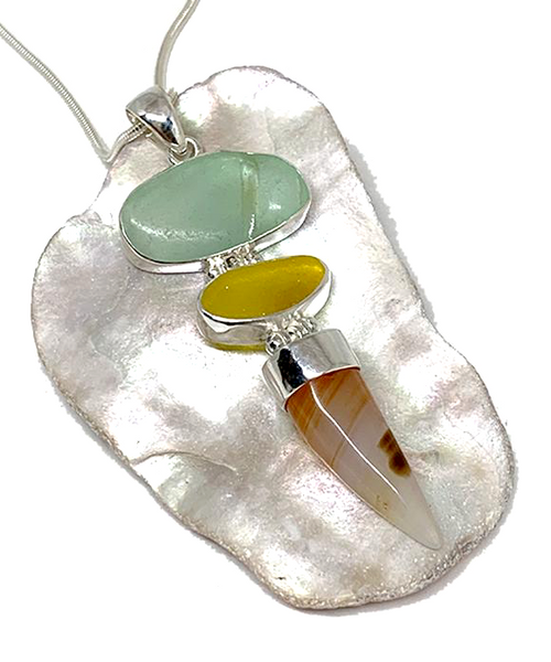 Textured Aqua & Yellow Sea Glass with Agate Claw Stacked Triple Pendant