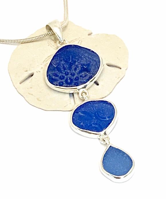Shades of Blue Textured Sea Glass Triple Drop Pendant on Sterling Chain
