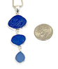 Shades of Blue Textured Sea Glass Triple Drop Pendant on Sterling Chain