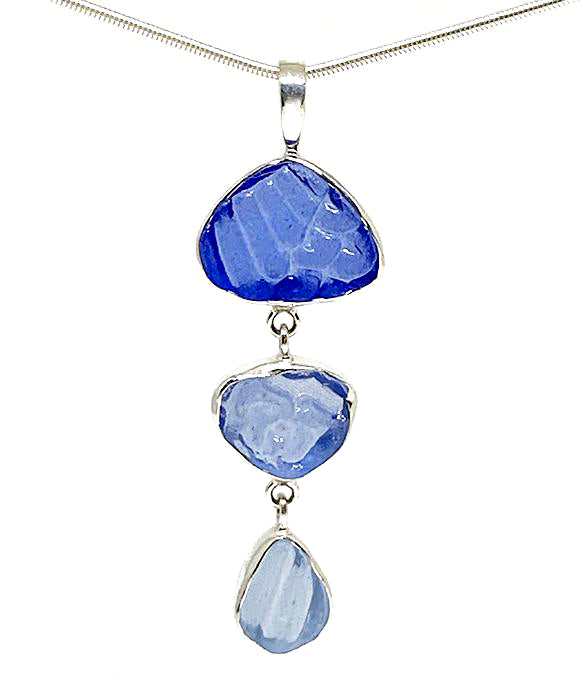 Textured Blue & Light Blue Triple Drop Sea Glass Pendant on Sterling Chain