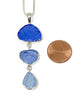 Textured Blue & Light Blue Triple Drop Sea Glass Pendant on Sterling Chain
