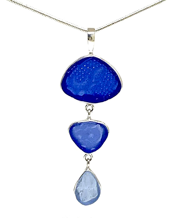 Textured Cobalt, Blue & Light Blue Triple Drop Sea Glass Pendant on Sterling Chain