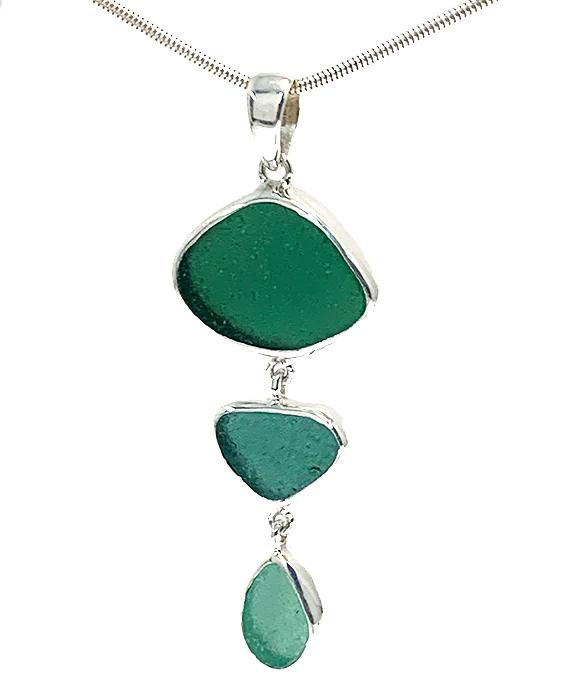 Shades of Dark Green Sea Glass Triple Drop Pendant on Sterling Chain