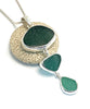 Shades of Dark Green Sea Glass Triple Drop Pendant on Sterling Chain