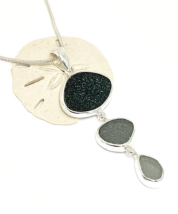 Shades of Grey Sea Glass Triple Drop Pendant on Sterling Chain
