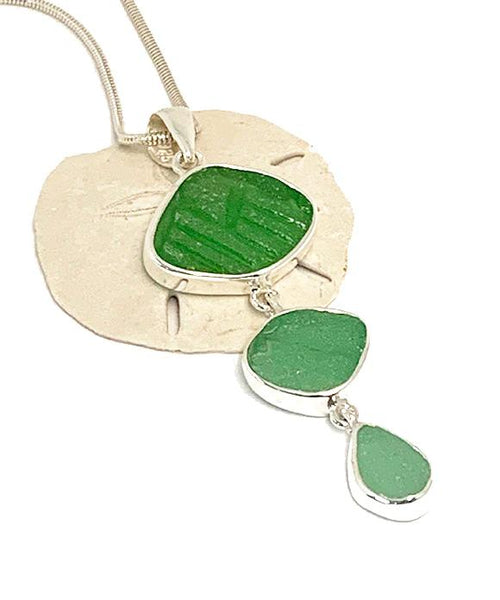 Textured Green Sea Glass Triple Drop Pendant on Sterling Chain