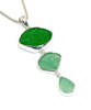 Shades of Green Textured Sea Glass Triple Drop Pendant on Sterling Chain