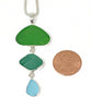 Textured Green, Turquoise & Aqua Triple Drop Sea Glass Pendant on Sterling Chain
