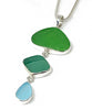 Textured Green, Turquoise & Aqua Triple Drop Sea Glass Pendant on Sterling Chain