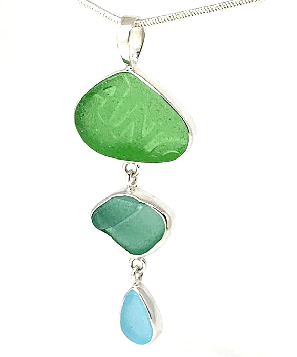 Textured Green, Turquoise & Aqua Triple Drop Sea Glass Pendant on Sterling Chain