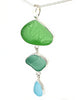 Textured Green, Turquoise & Aqua Triple Drop Sea Glass Pendant on Sterling Chain