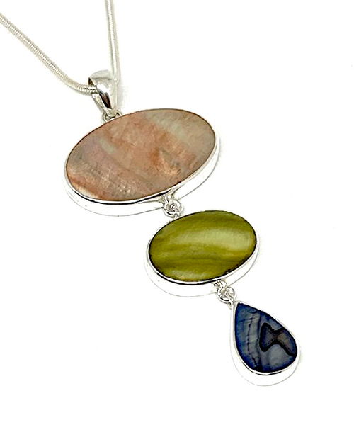 Peach, Green and Blue Mother of Pearl Triple Drop Pendant on Sterling Chain