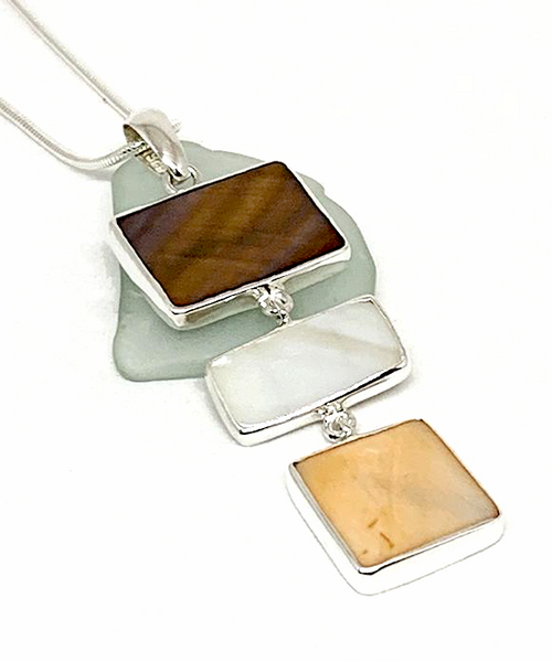 Brown, White & Peach Mother of Pearl Triple Drop Pendant on Sterling Chain