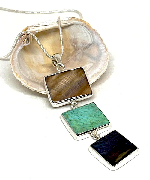 Shades of Brown Mother of Pearl & Turquoise Colored Stone Triple Drop Pendant on Sterling Chain