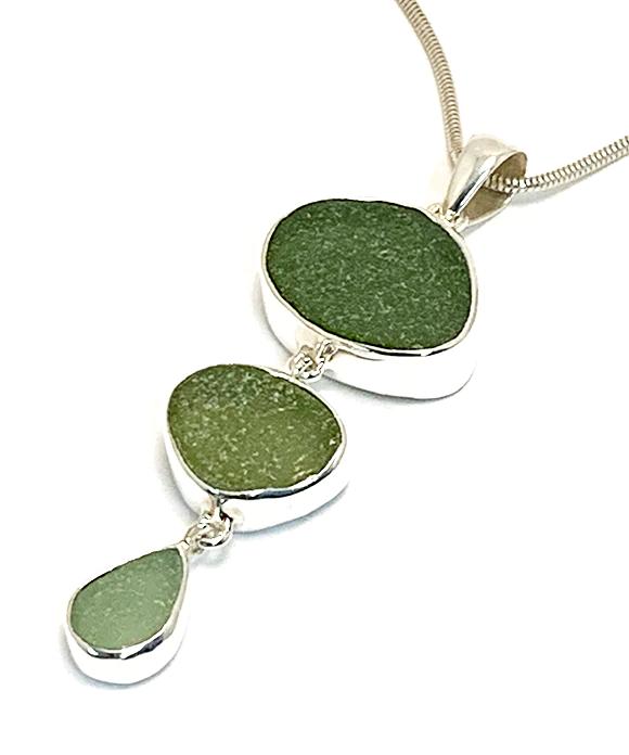 Shades of Olive Sea Glass Triple Drop Pendant on Sterling Chain