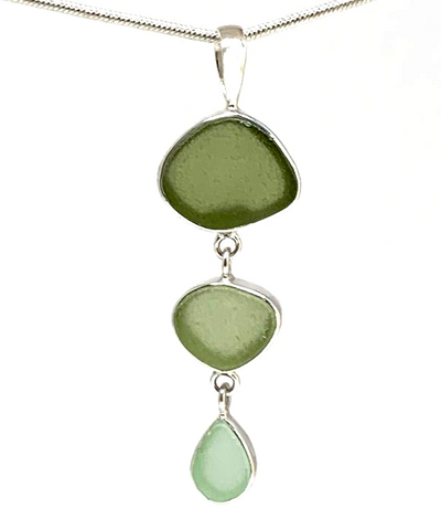 Olive, Sage & Aqua Sea Glass Triple Drop Pendant on Sterling Chain