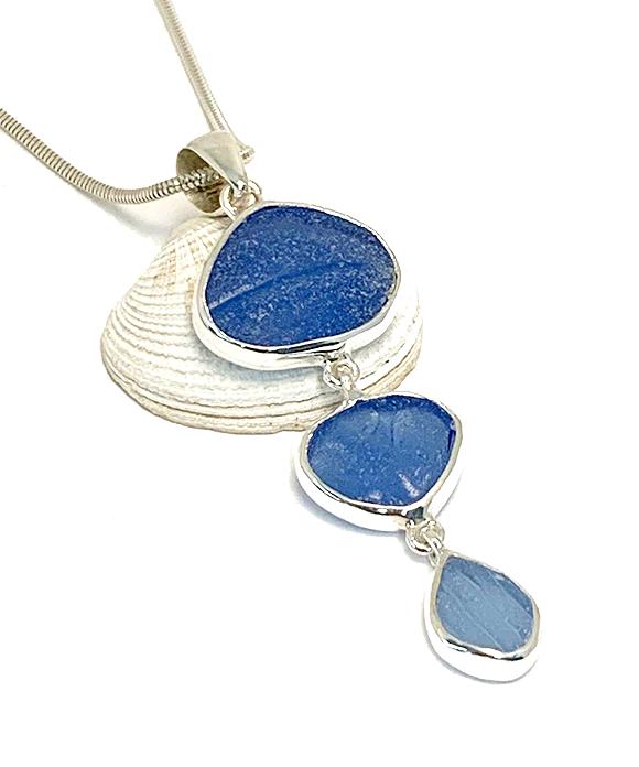 Shades Textured Blues Sea Glass Triple Drop Pendant on Sterling Chain