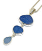 Shades Textured Blues Sea Glass Triple Drop Pendant on Sterling Chain