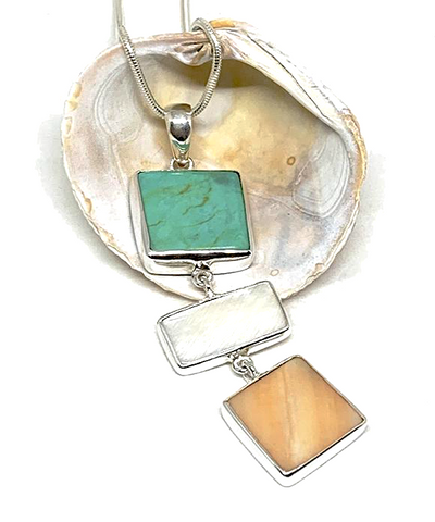 Peach & White Mother of Pearl & Turquoise Colored Stone Triple Drop Pendant on Sterling Chain