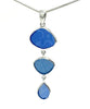 Shades of Textured Cobalt Sea Glass Triple Drop Pendant on Sterling Chain