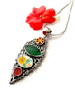 Antique Sterling Lace Wing with Orange Floral Vintage Pottery & Green Sea Glass Pendant
