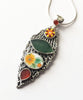 Antique Sterling Lace Wing with Orange Floral Vintage Pottery & Green Sea Glass Pendant